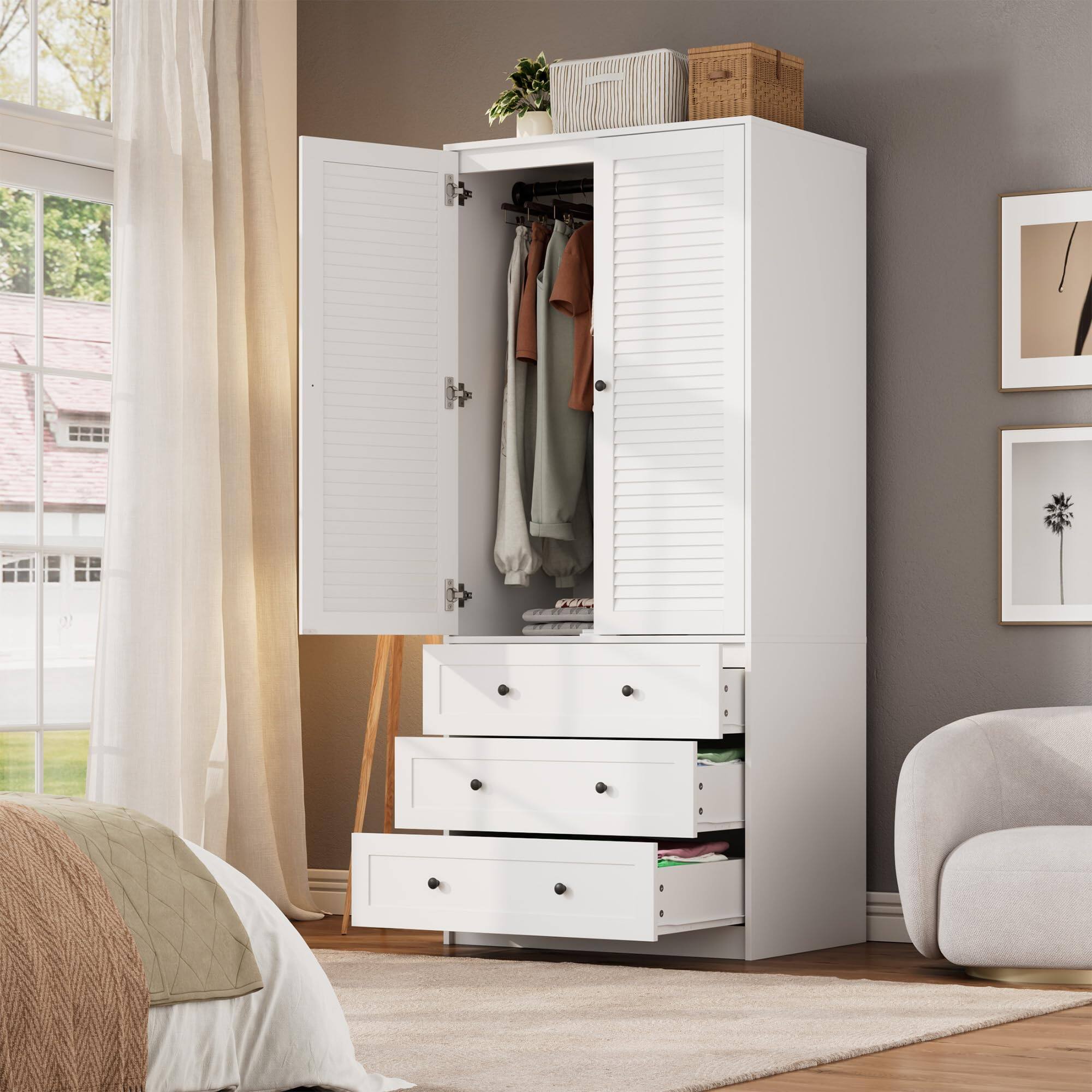 Front. GARVEE - Modern Wooden Armoire Wardrobe Closet w/ 3 Drawers and 2 Doors,  Wardrobe Cabinets for Hanging Clothes - White.