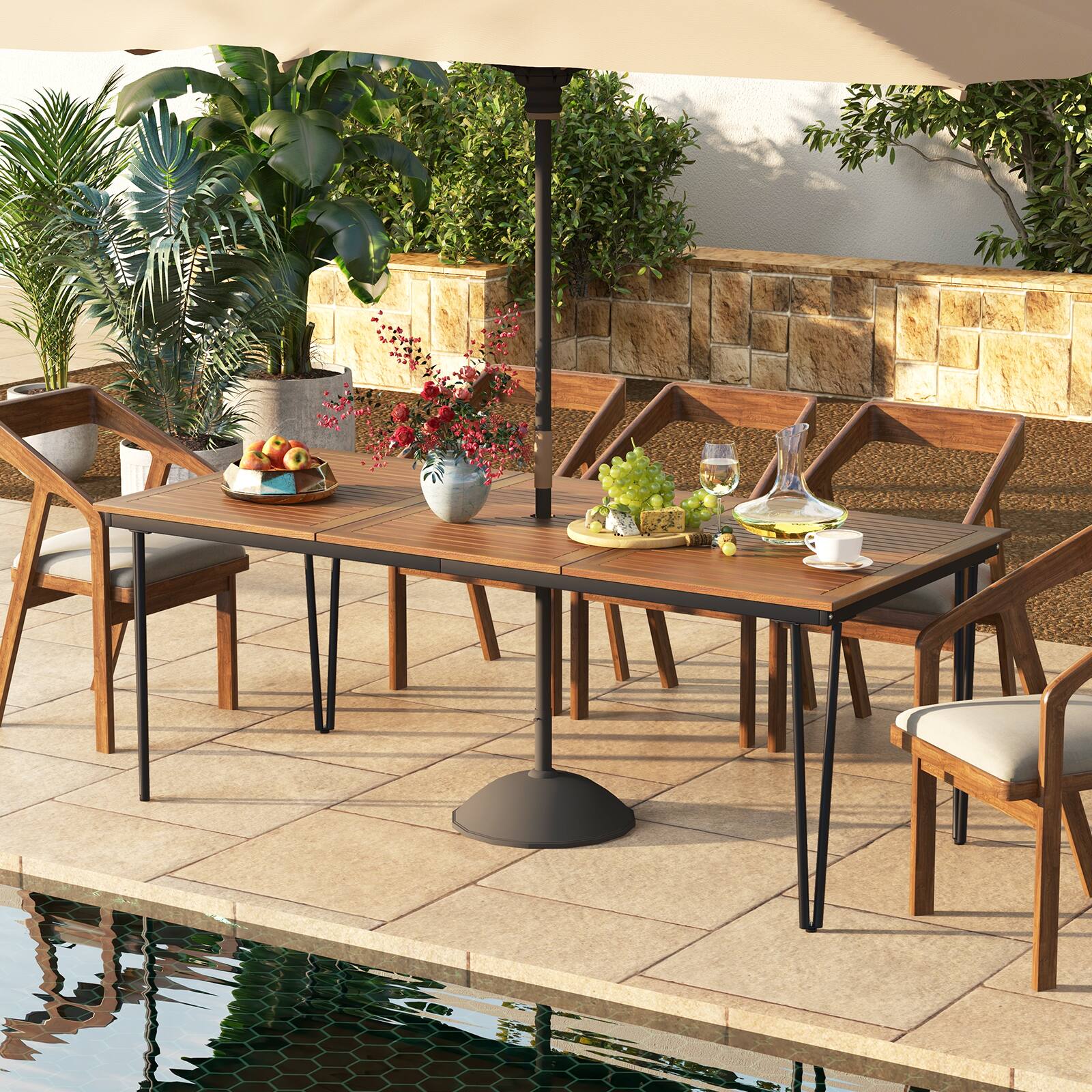 Alt View 4. Costway - Costway 79" Outdoor Dining Table 8-Person Patio Table with 1.9" Umbrella Hole - Natural,Black.