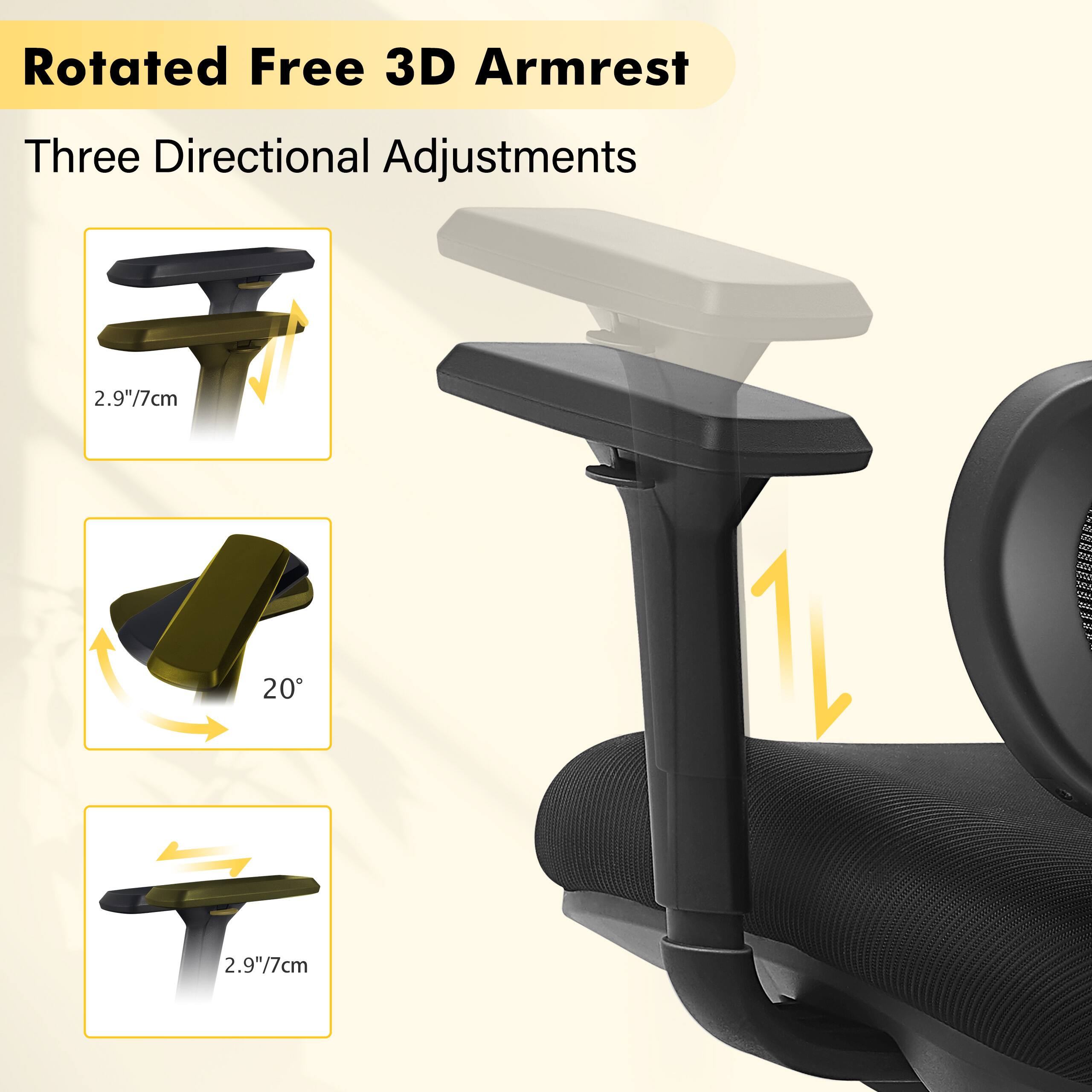 Rotated Free 3D Armrest  
Three Directional Adjustments  
2.9"/7cm  
20°  
2.9"/7cm