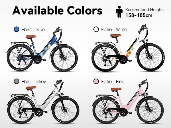 Available Colors

Recommend Height: 158-185cm

Ebike - Blue  
Ebike - White  
Ebike - Grey  
Ebike - Pink