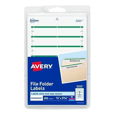 AVERY  
File Folder Labels  
Labels stick and stay secure  
PERMANENT  
252 LABELS  
2/5" x 3 7/8"  
5203  
7 LABCLS  
nnc52030s