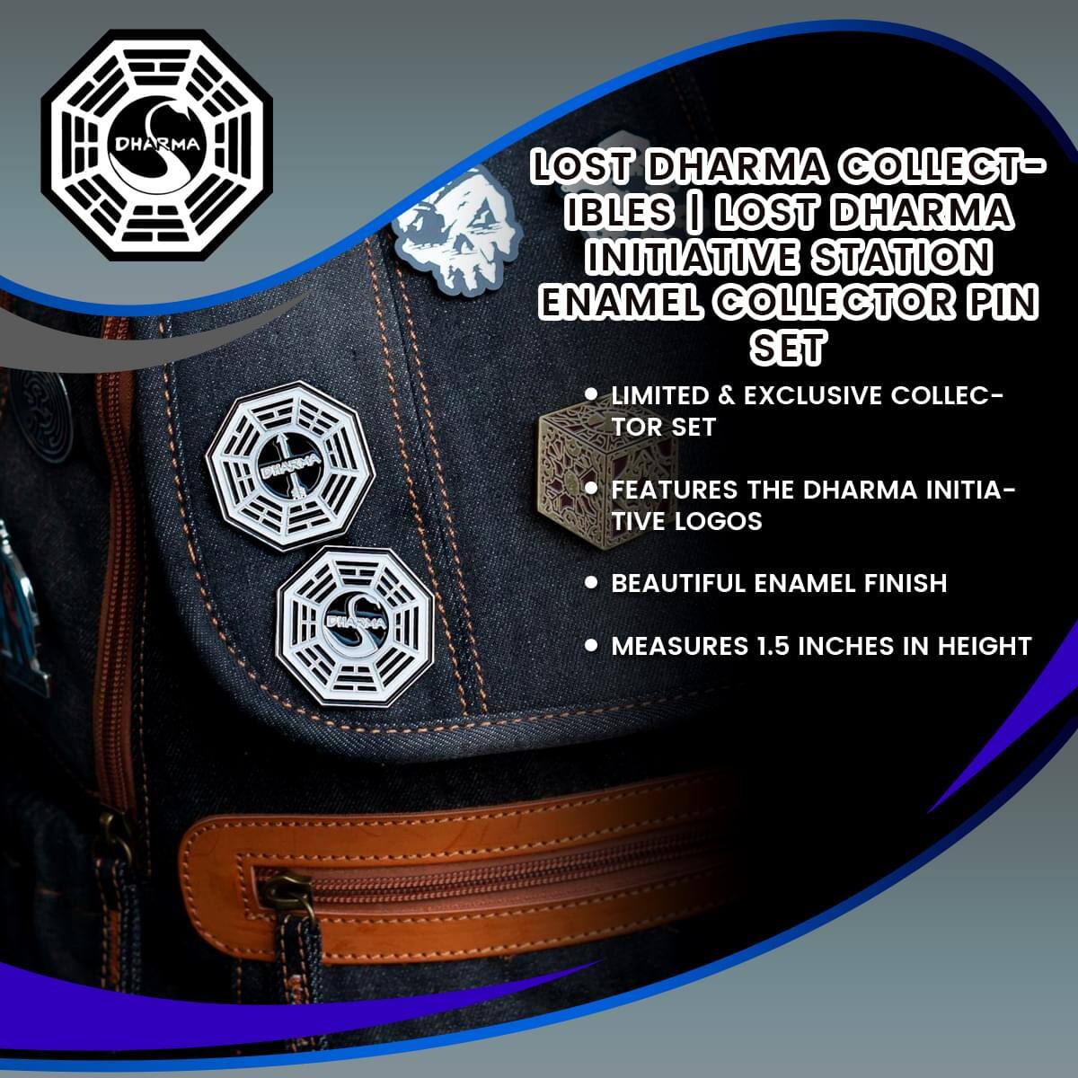 LOST DHARMA COLLECTIBLES | LOST DHARMA INITIATIVE STATION ENAMEL COLLECTOR PIN SET

- LIMITED & EXCLUSIVE COLLECTOR SET
- FEATURES THE DHARMA INITIATIVE LOGOS
- BEAUTIFUL ENAMEL FINISH
- MEASURES 1.5 INCHES IN HEIGHT