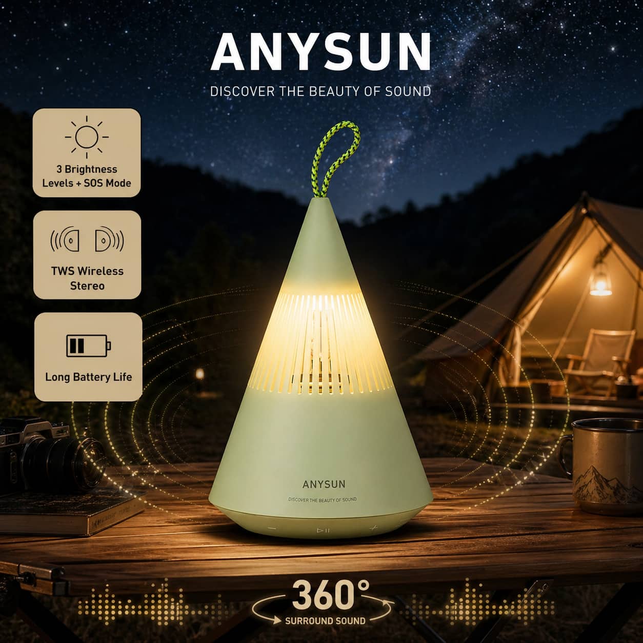 Anysun - 360° Surround Sound Camping Lamp Bluetooth Speaker - IP67 Waterproof, TWS Pairing, 3-Speed Light