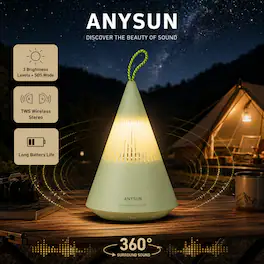 Anysun - 360° Surround Sound Camping Lamp Bluetooth Speaker - IP67 Waterproof, TWS Pairing, 3-Speed Light