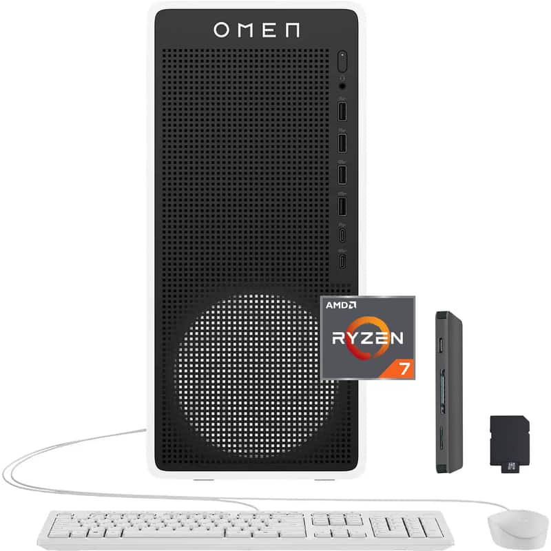 HP OMEN - 16L Gaming Desktop,AMD Ryzen 7 8700F,NVIDIA GeForce RTX 5060,64GB DDR5,4TB SSD+1TB Docking Station,Win 11 - White