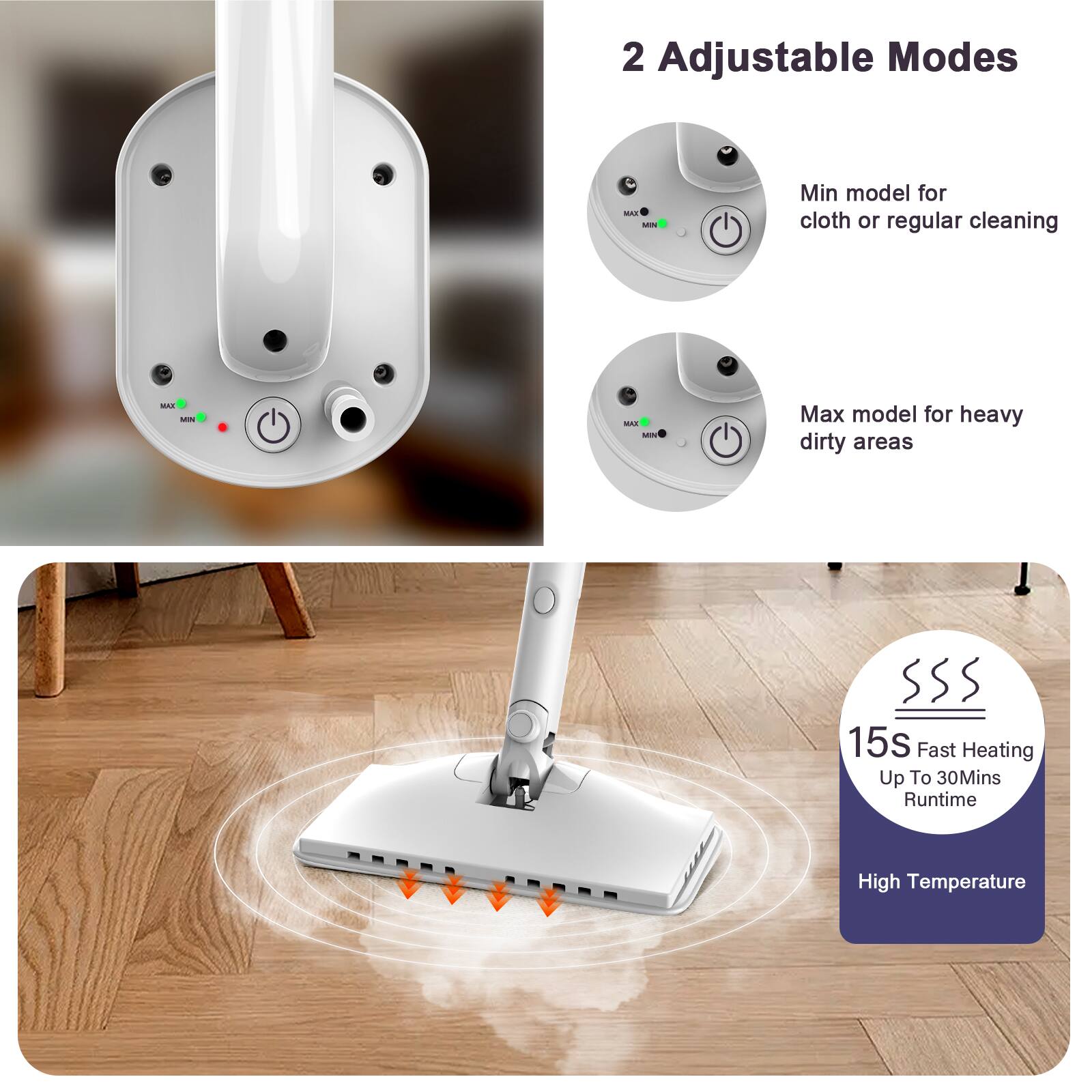2 Adjustable Modes

- MIN: Min model for cloth or regular cleaning
- MAX: Max model for heavy dirty areas

15s Fast Heating
Up To 30Mins Runtime
High Temperature