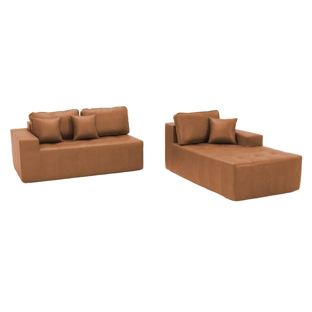 Alt View 3. Loheer - Loheer Faux Leather Sofa Bed L-Shaped Sectional Couch Corner Chaise Light Brown - Light Brown.