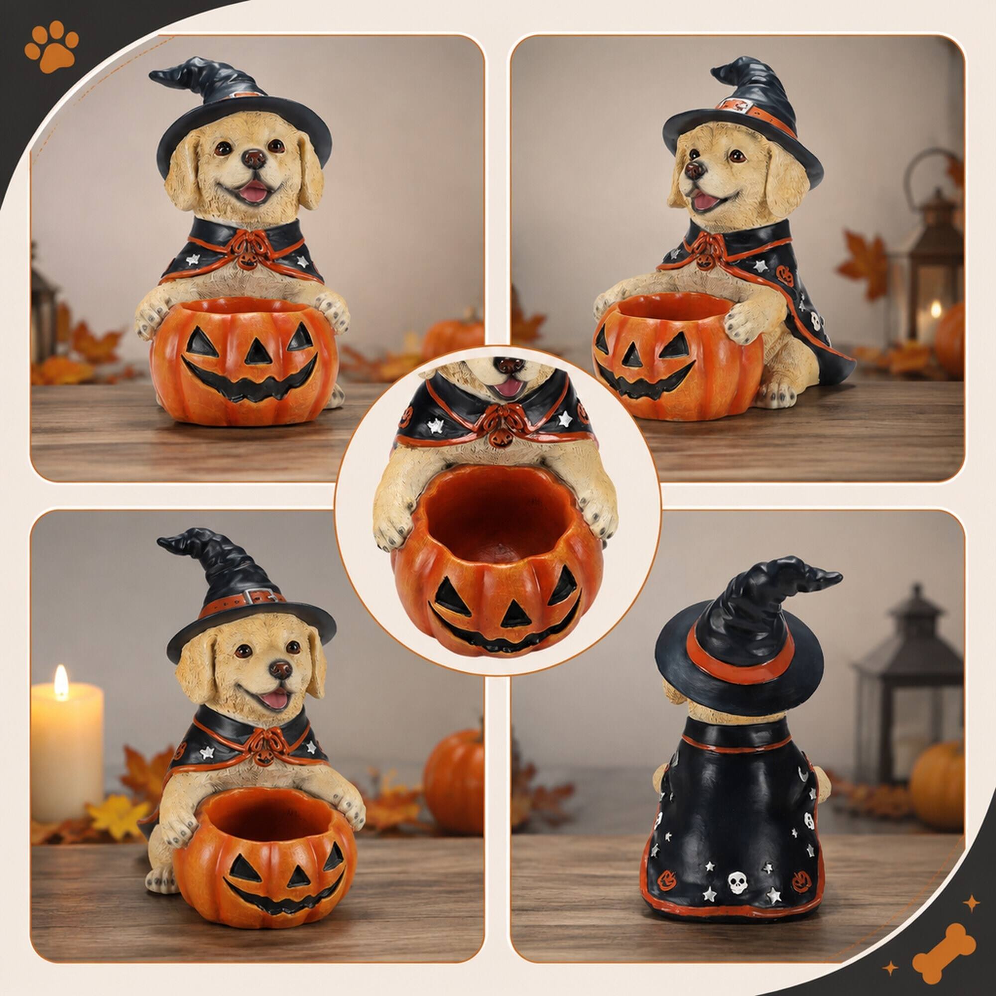 Alt View 4. RYHNUYNE - Halloween Labrador Retriever Witch Puppy Figurine with Pumpkin Candy Bowl, Hand-Painted Resin Dog Decor - Beige.