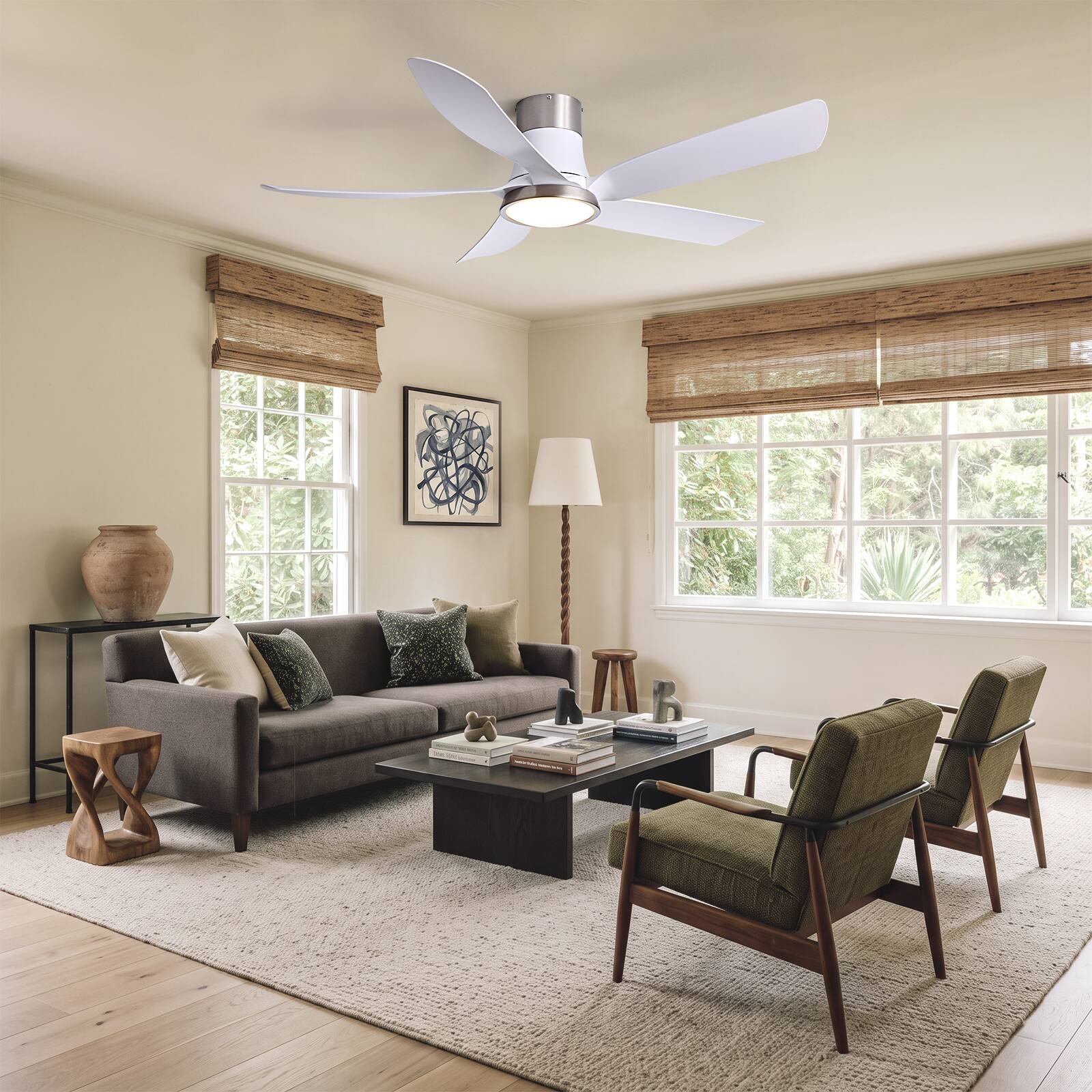 Left. Siljoy - 52 Inch 5 Blade Low Profile Flush Mount Ceiling Fan with LED Light Remote and App for Bedroom Living Room - White and Silver.