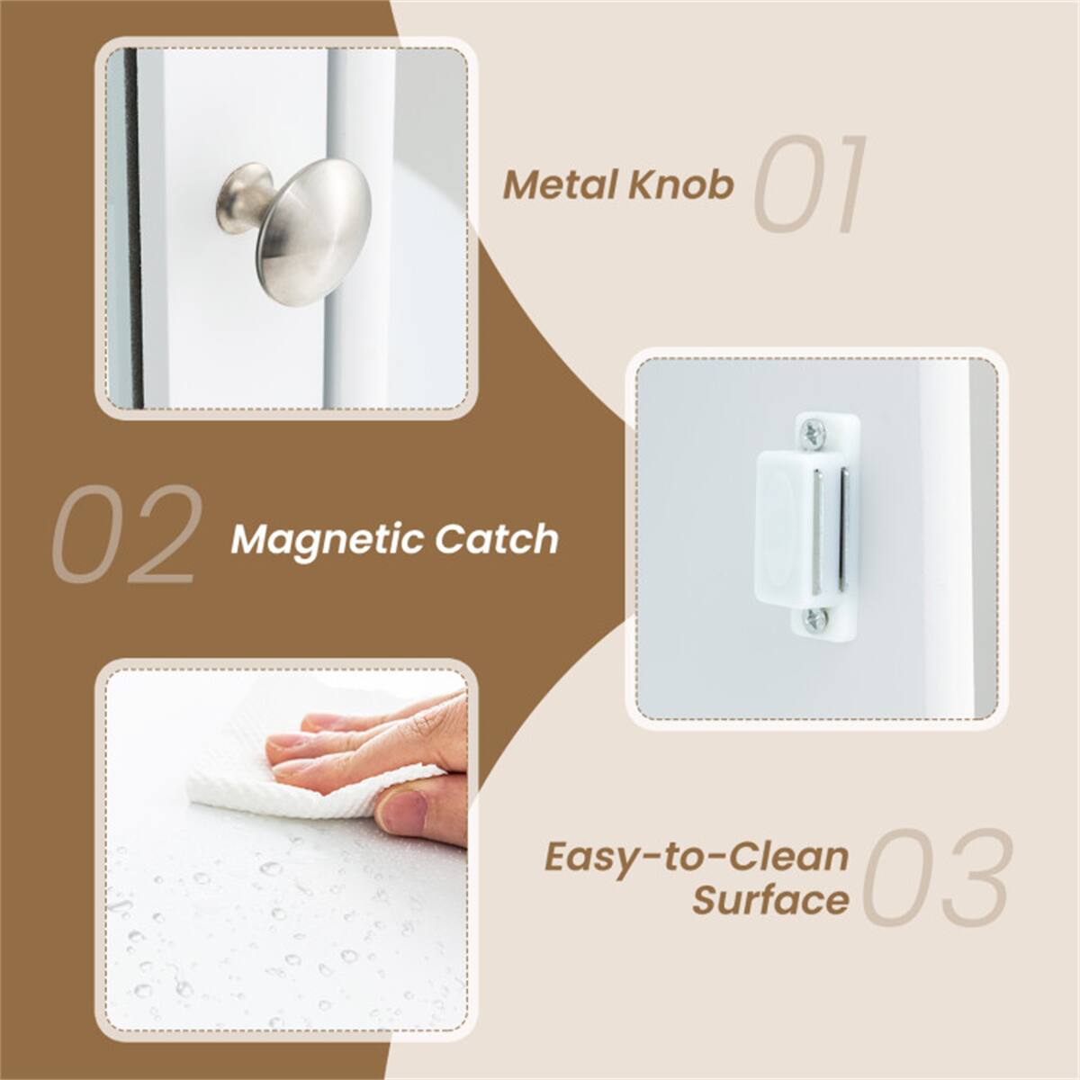 01 Metal Knob  
02 Magnetic Catch  
03 Easy-to-Clean Surface