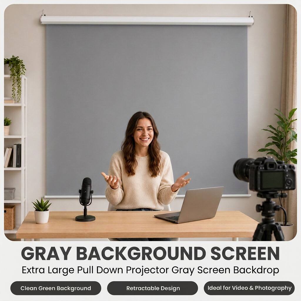 GRAY BACKGROUND SCREEN  
Extra Large Pull Down Projector Gray Screen Backdrop  
Clean Green Background  
Retractable Design  
Ideal for Video & Photography