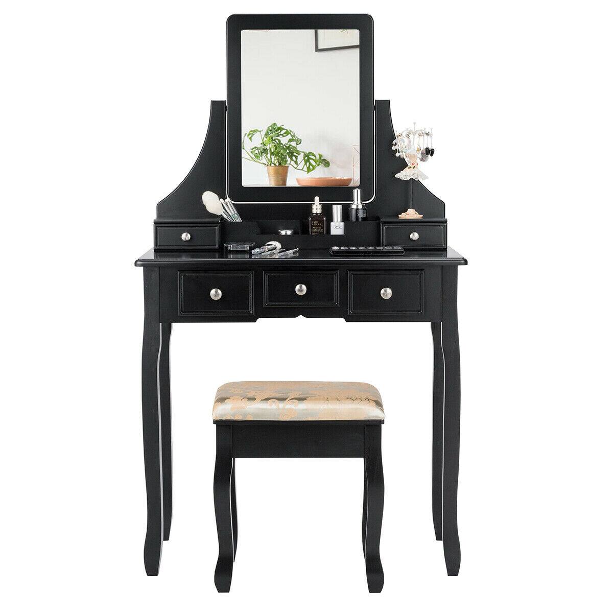 Alt View 8. Gymax - Gymax Vanity Set Makeup Dressing Table & Stool w/5 Drawers Black - Black.