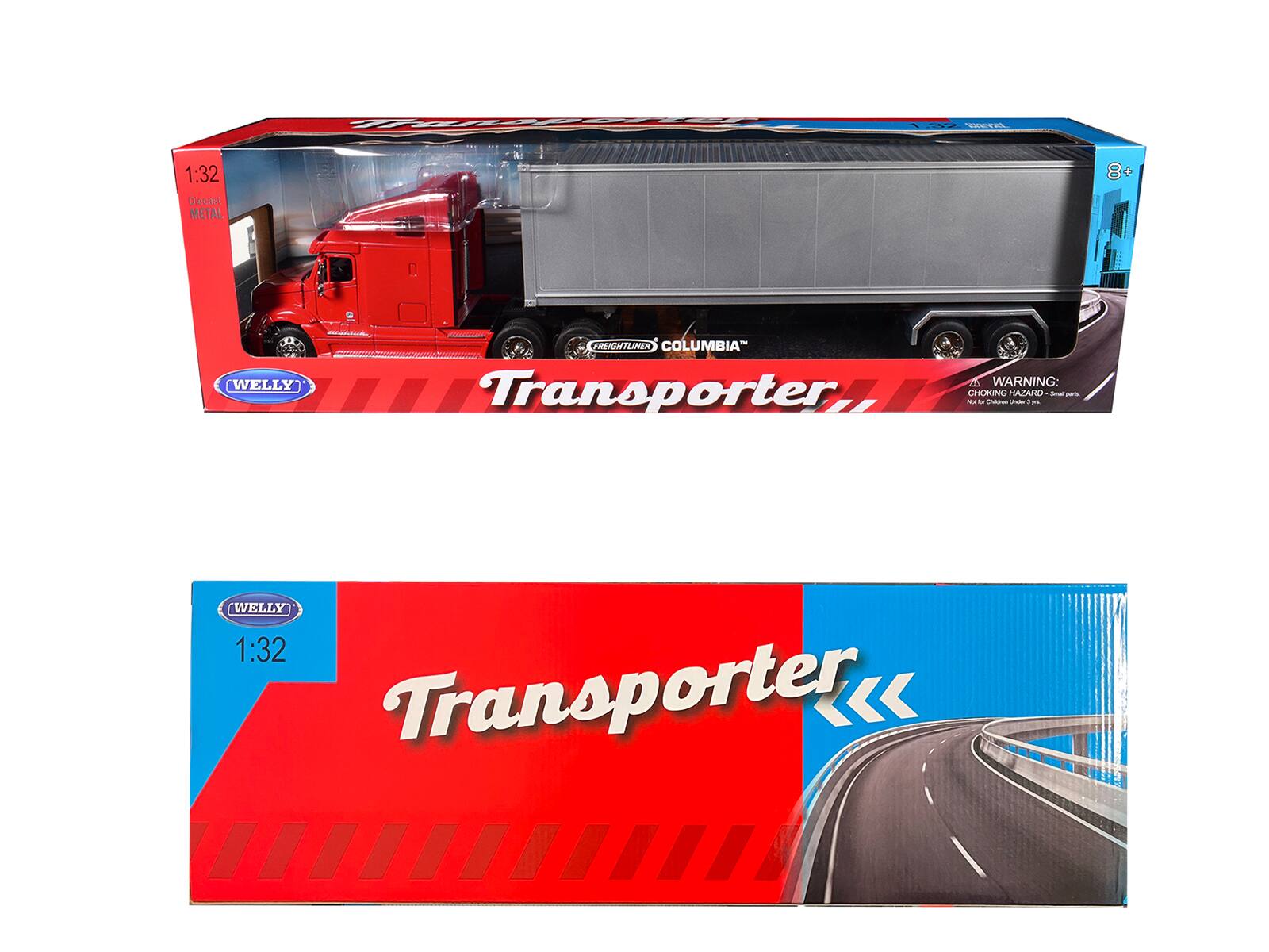 1:32 Diecast METAL  
WELLY FREIGHTLINER COLUMBIA Transporter  
WARNING: CHOKING HAZARD - Small parts. Not for children under 3 years.  

1:32  
WELLY  
Transporter