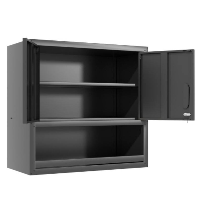 Left. ALEXOUN - Metal Wall-Mounted Tool Storage Cabinet - with Locking Door, 1 Shelf & 1 Open Drawer, for Garage, Office, Warehouse - Black.