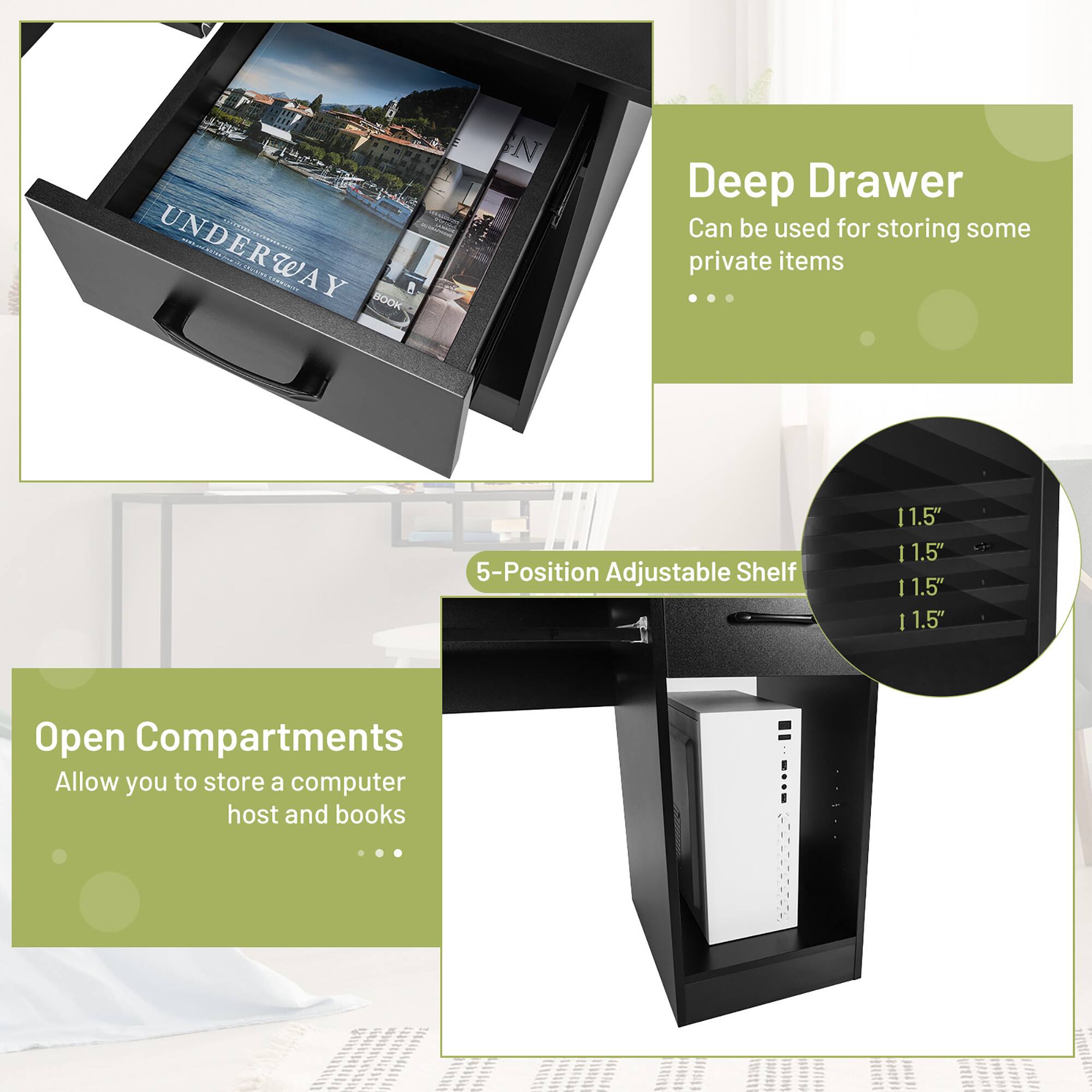 UNDERWAY, Deep Drawer, 5-Position Adjustable Shelf, Open Compartments