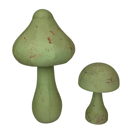 Front. Zeckos - Set of 2 Green Metal Mushrooms, Indoor Outdoor Rustic Garden Decor, 9” & 16” - Dark Green.