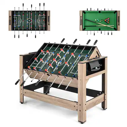 Front. Gymax - Gymax 2-in-1 Swivel Game Table 49'' Foosball Pool Billiards Combination Game Table Set - Brown.