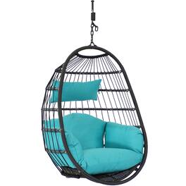 Sunnydaze - Resin Wicker Hanging Egg Chair with Polyester Cushions - Turquoise Cushions