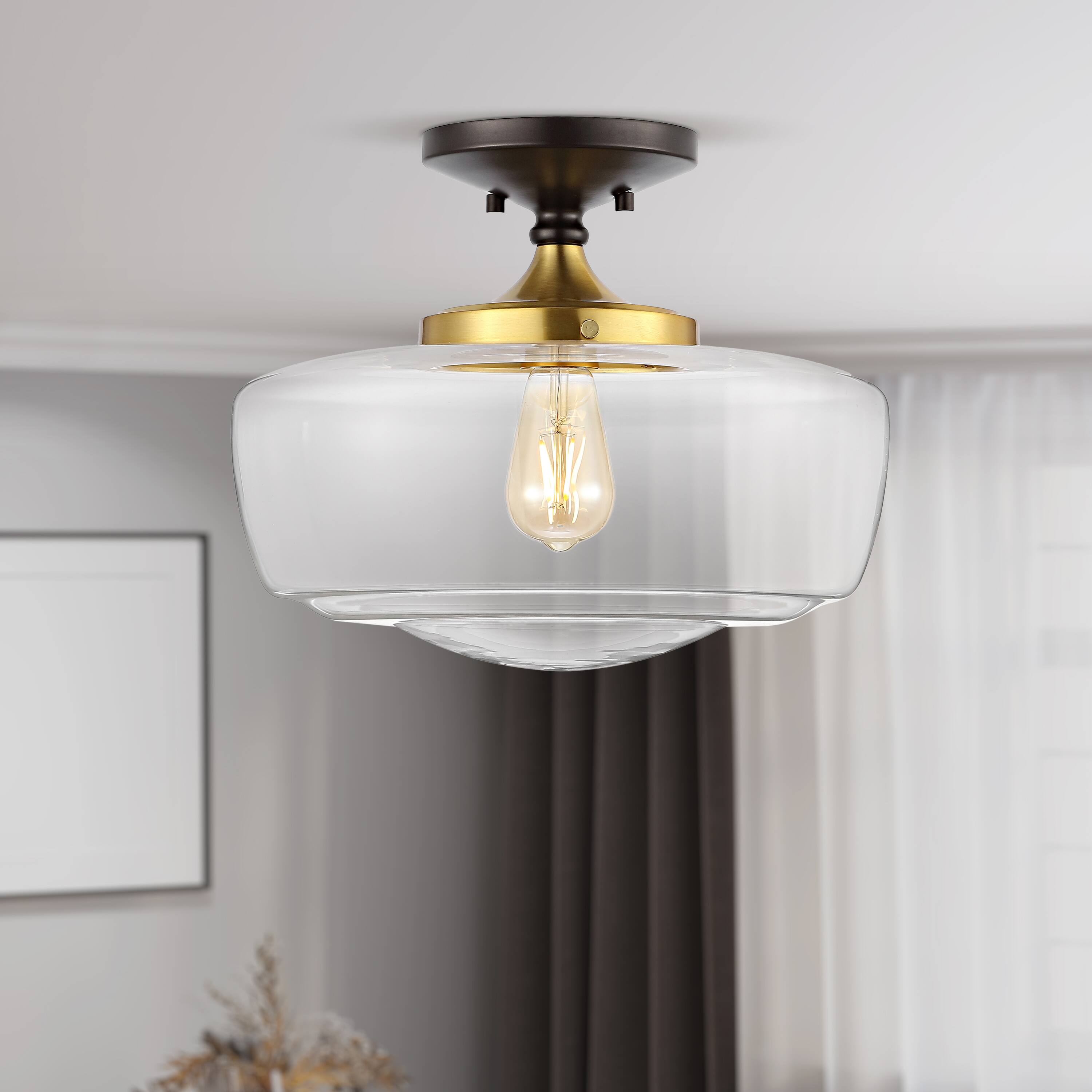 Alt View 1. Jonathan Y - Marfa 14" 1-Light Modern Farmhouse Schoolhouse Frosted Glass/Metal LED Semi Flush Mount, Oil Rubbed Bronze/Brass Gold - Oil Rubbed Bronze/Brass Gold.