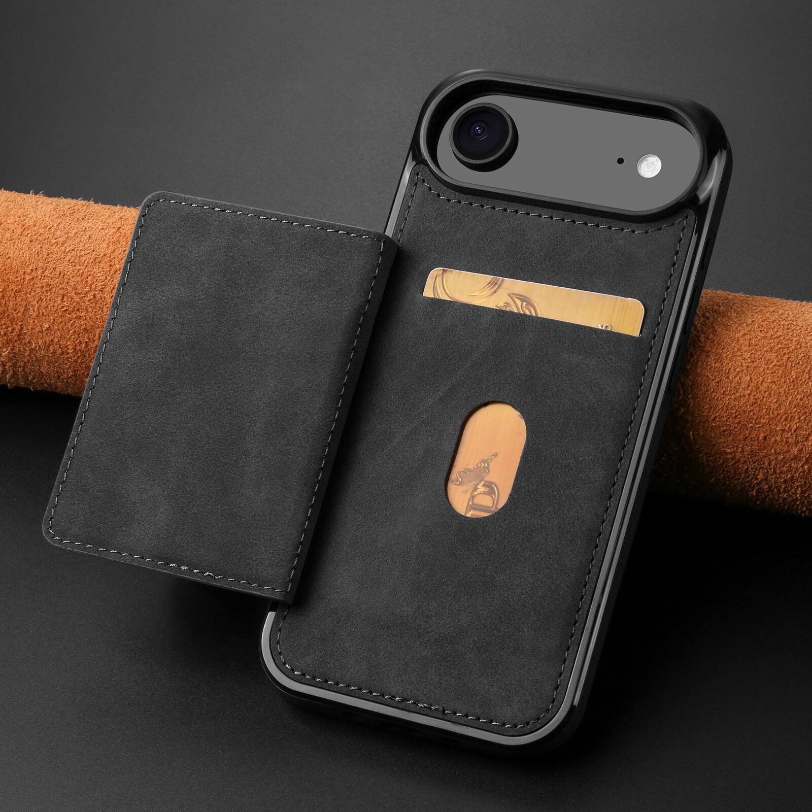Angle. Dteck - Dteck RFID Blocking Back Wallet Case for iPhone Air (2025), Shockproof PU Leather Kickstand Rugged Cover - Black.