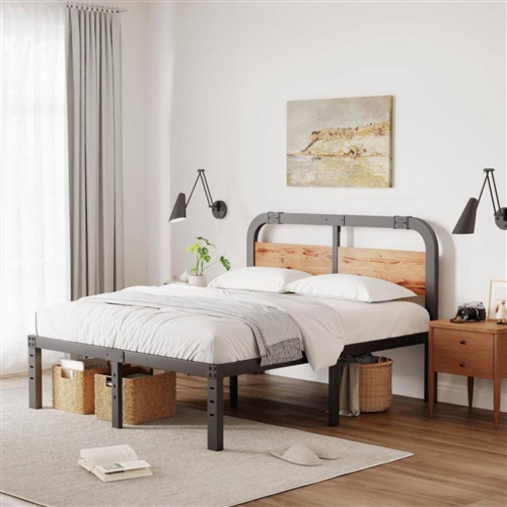 Angle. Hivvago - California King Heavy Duty Black Metal Bed Frame with Wood Panel Headboard - Black.