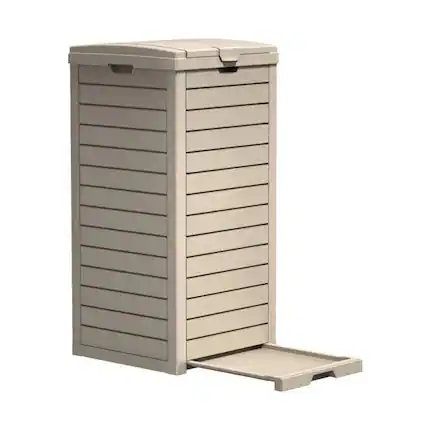 Front. Mondawe - 31 Gallons PP All-Weather Outdoor Trash Can - Light Brown.