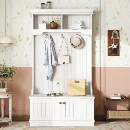 Front. MERAVOM - Hall Tree with Storage Shoe Bench for Entryway and Hallway, 4-in-1 Design Coat Racks with Hooks for Living Room - White.