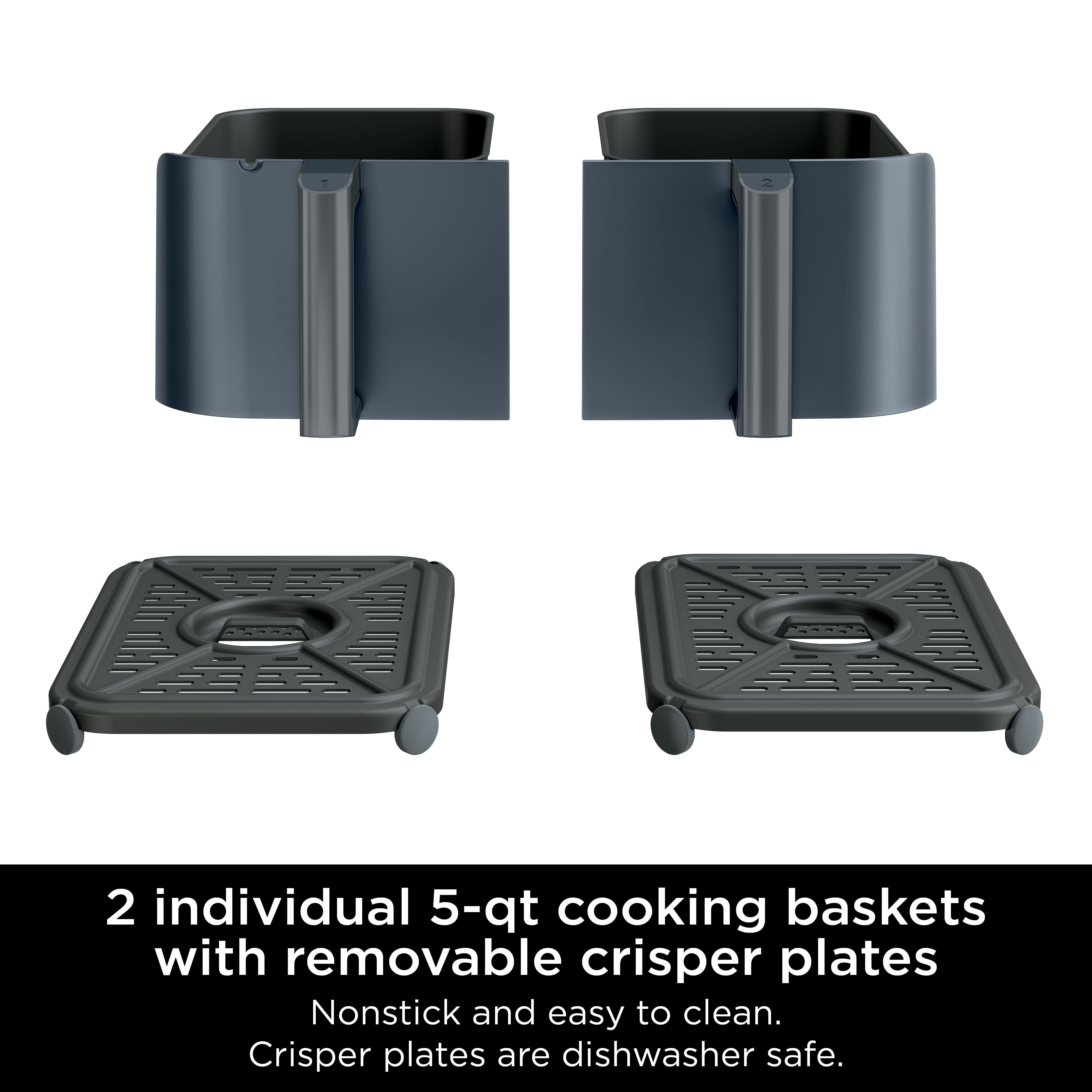 2 individual 5-qt cooking baskets with removable crisper plates. Nonstick and easy to clean. Crisper plates are dishwasher safe.