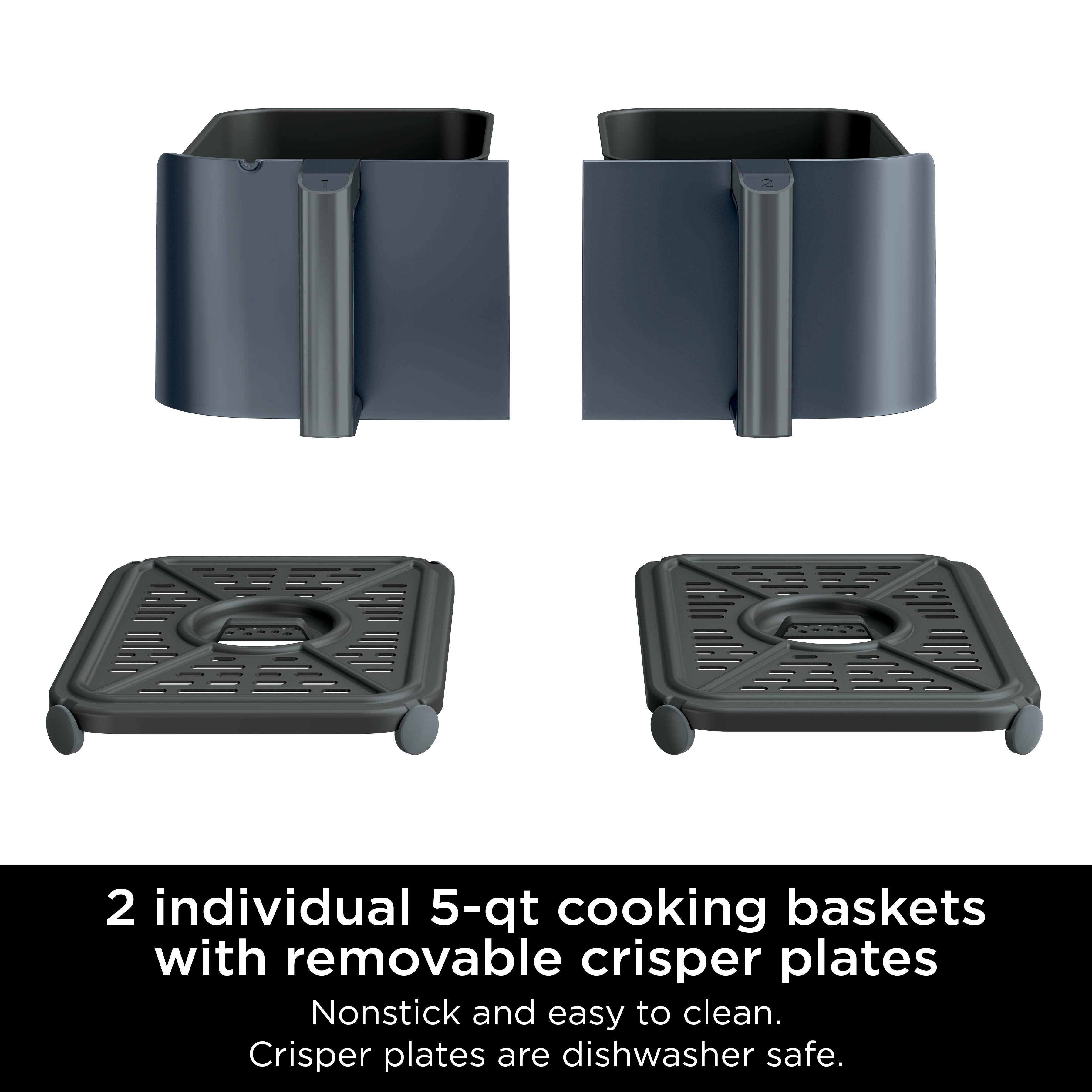 2 individual 5-qt cooking baskets with removable crisper plates. Nonstick and easy to clean. Crisper plates are dishwasher safe.