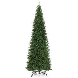 WELLFOR - 12ft Pre‑lit Hinged Pencil Artificial Christmas Tree with 2125 Branch Tips & 800 Warm White LED Lights, Large Xmas Tree - Green
