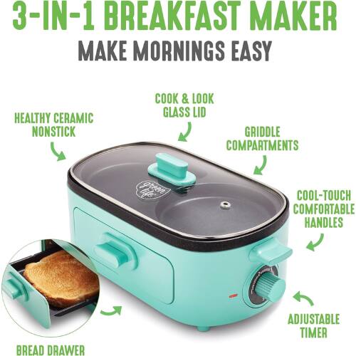 3-IN-1 BREAKFAST MAKER  
MAKE MORNINGS EASY  

HEALTHY CERAMIC NONSTICK  
COOK & LOOK GLASS LID  
GRIDDLE COMPARTMENTS  
COOL-TOUCH COMFORTABLE HANDLES  
BREAD DRAWER  
ADJUSTABLE TIMER