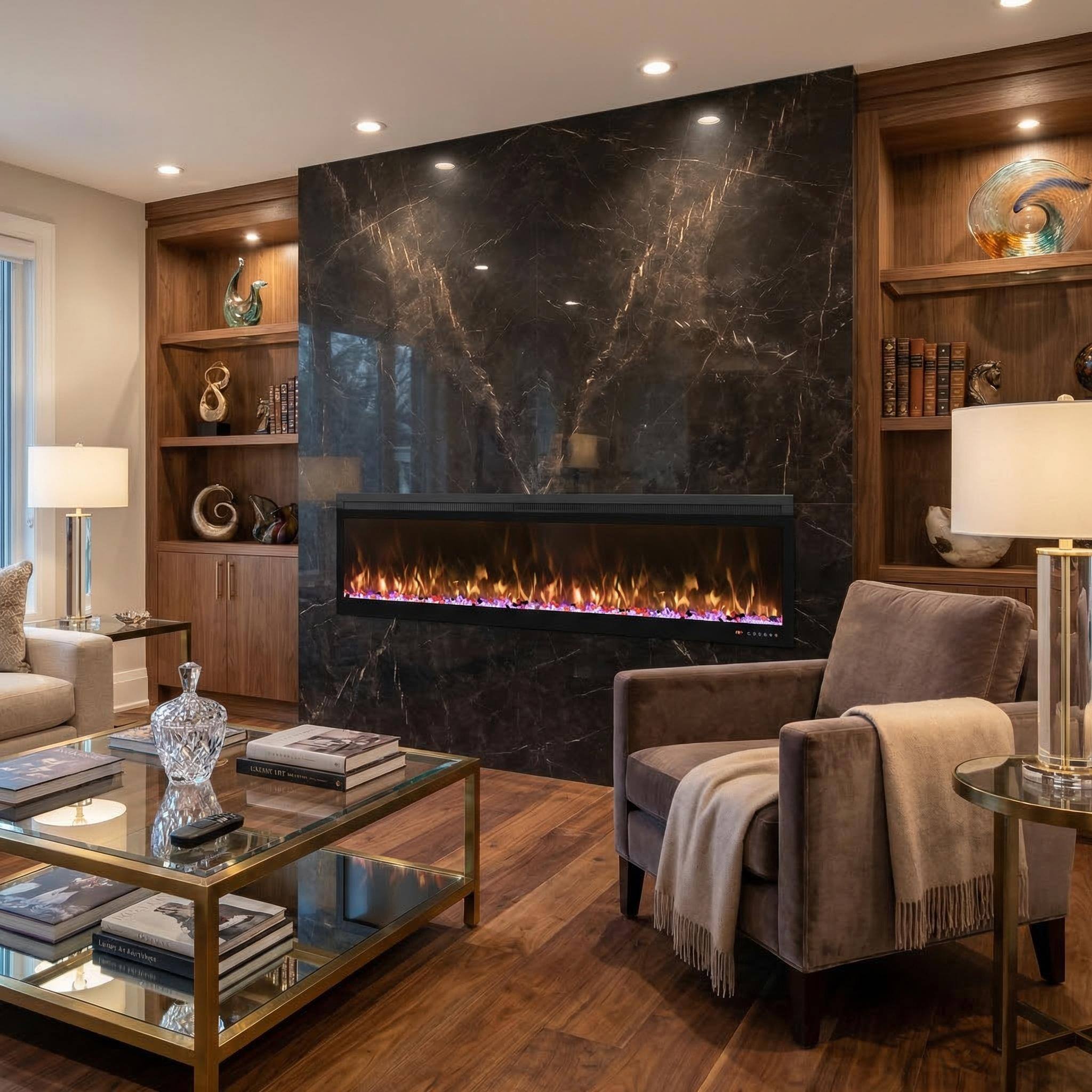 Left. Mondawe - 78" Linear Recessed-in Electric Fireplace with Remote Control, Adjustable Heat & Timer - Black.