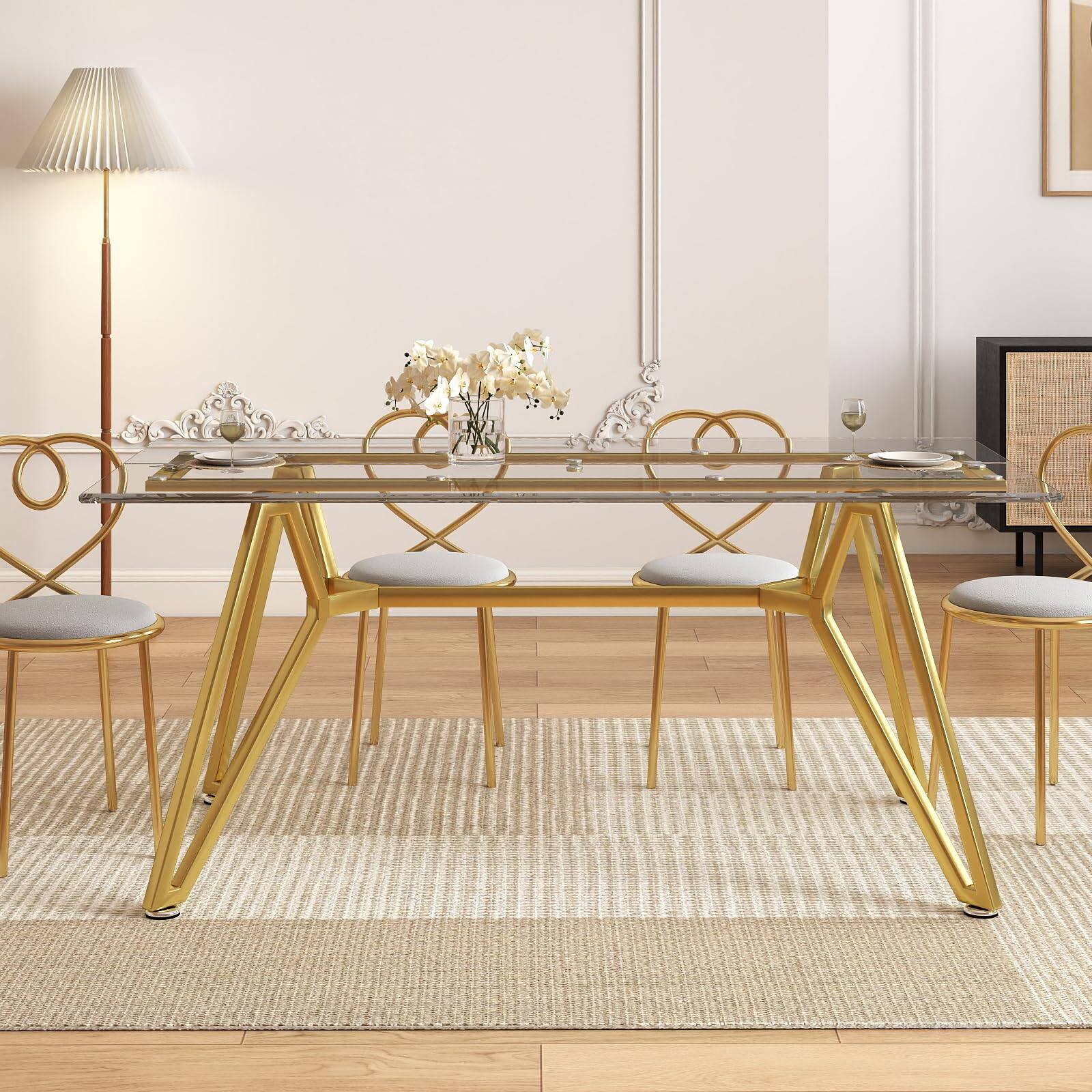 Alt View 6. Ecooso - 70.9-inch rectangular glass dining table, suitable for 1-8 people, equipped with sturdy metal table legs,Gold - Gold.