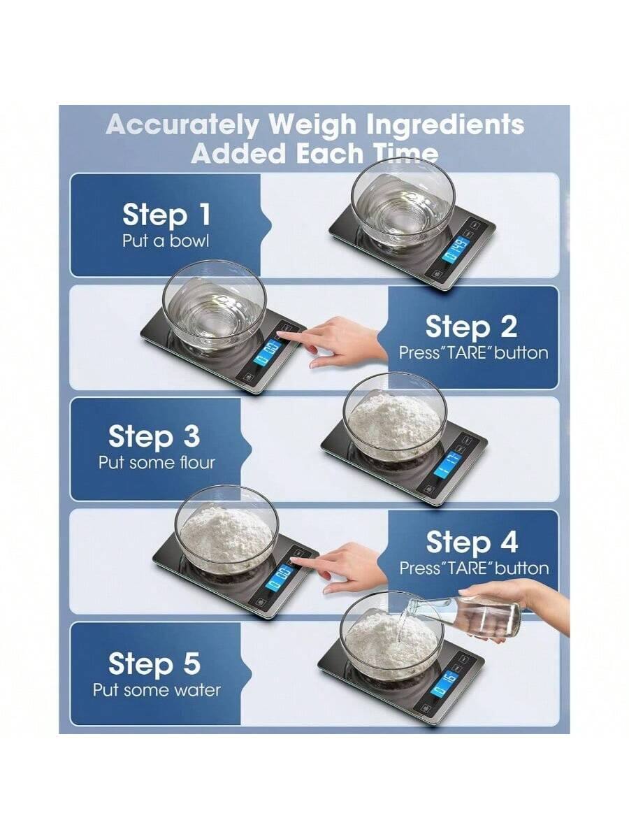 Accurately Weigh Ingredients Added Each Time

Step 1  
Put a bowl

Step 2  
Press "TARE" button

Step 3  
Put some flour

Step 4  
Press "TARE" button

Step 5  
Put some water