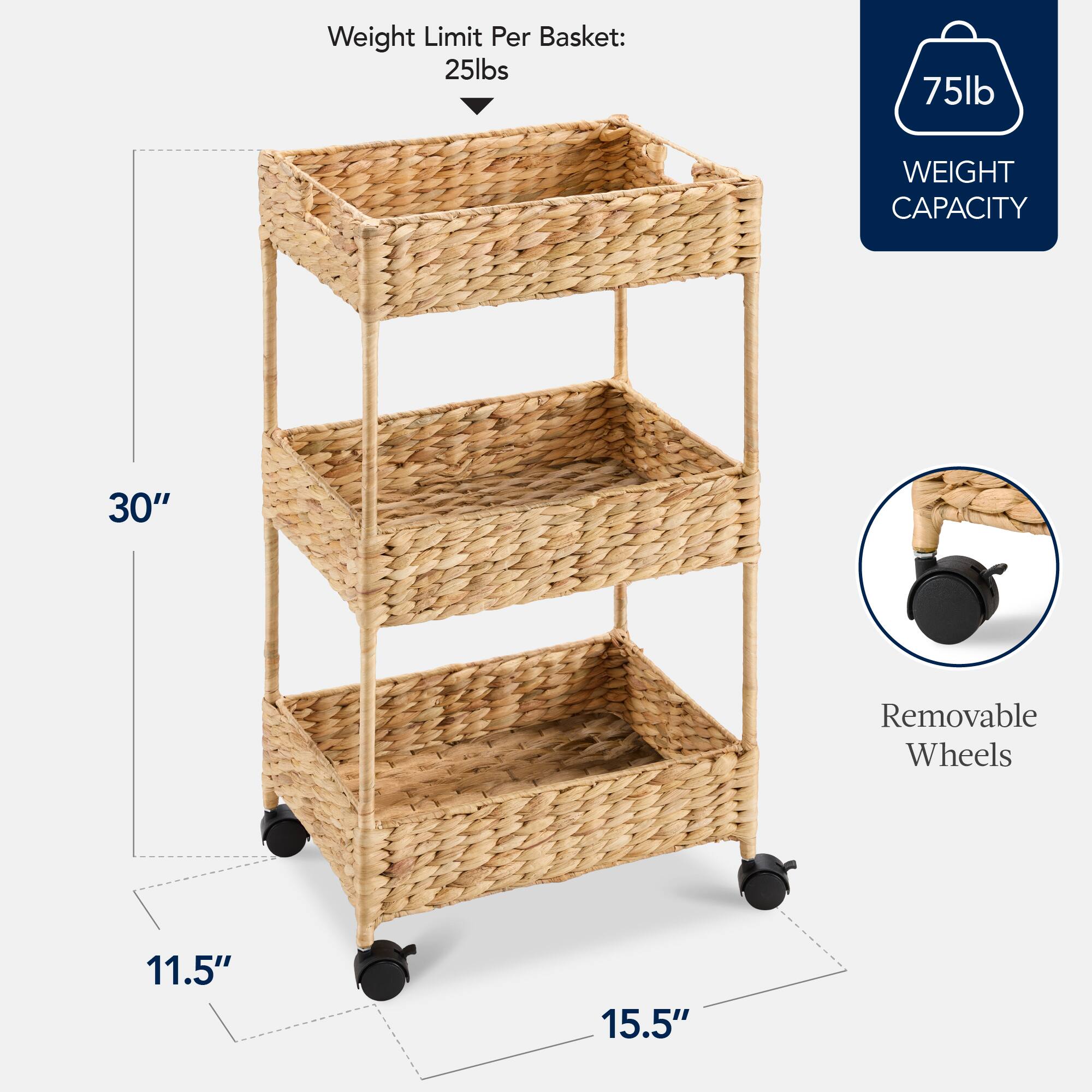 Weight Limit Per Basket: 25lbs  
75lb WEIGHT CAPACITY  
30"  
11.5"  
15.5"  
Removable Wheels