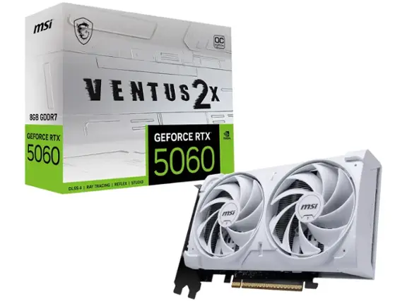 The text on the image reads: "MSI OC TUITION VENTUS2X 2X 8GB GDDR7 GEFORCE RTX 5060 DLSS 4 GEFORCE RTX VI. 5060 REFLEX | STUDIO | RAY TRACING".