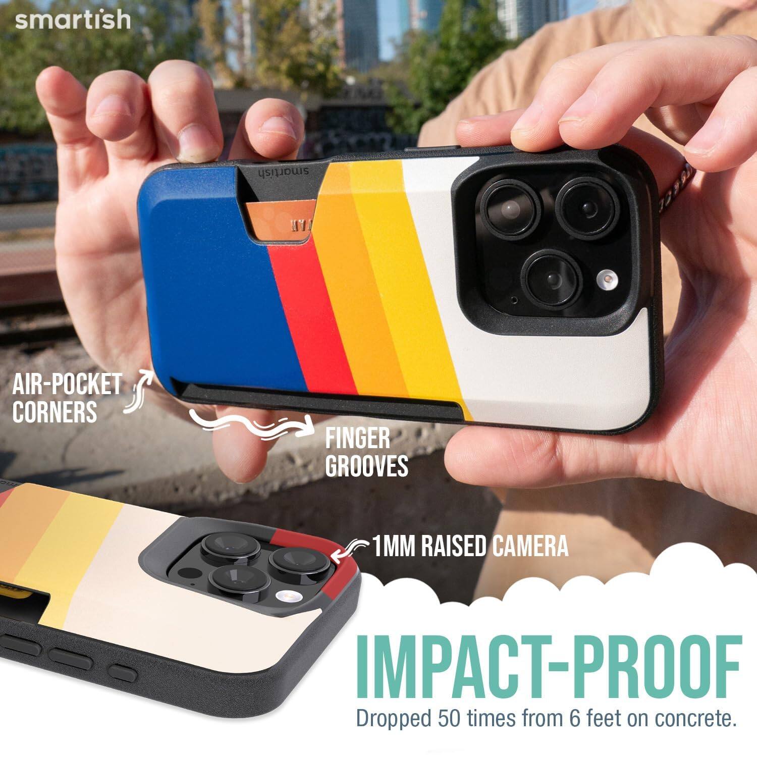 smartish

AIR-POCKET CORNERS  
FINGER GROOVES  
1MM RAISED CAMERA  
IMPACT-PROOF  
Dropped 50 times from 6 feet on concrete.