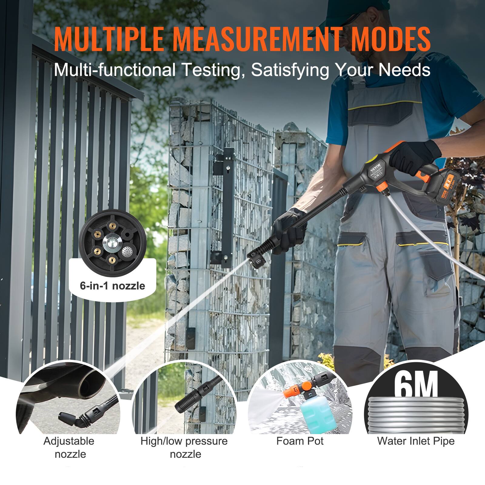 MULTIPLE MEASUREMENT MODES  
Multi-functional Testing, Satisfying Your Needs  

- 6-in-1 nozzle  
- Adjustable nozzle  
- High/low pressure nozzle  
- Foam Pot  
- Water Inlet Pipe  
- 6M