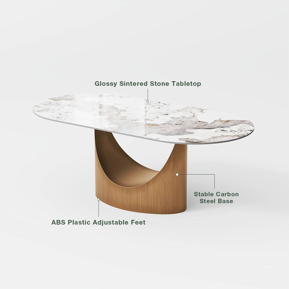 Glossy Sintered Stone Tabletop  
Stable Carbon Steel Base  
ABS Plastic Adjustable Feet