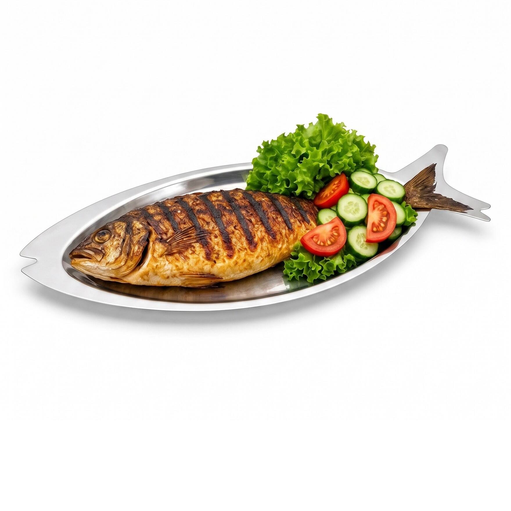 Back. Jiallo - 26" Stainless Steel Fish Serving Platter – Large Seafood Tray with Mirror Finish - Silver.