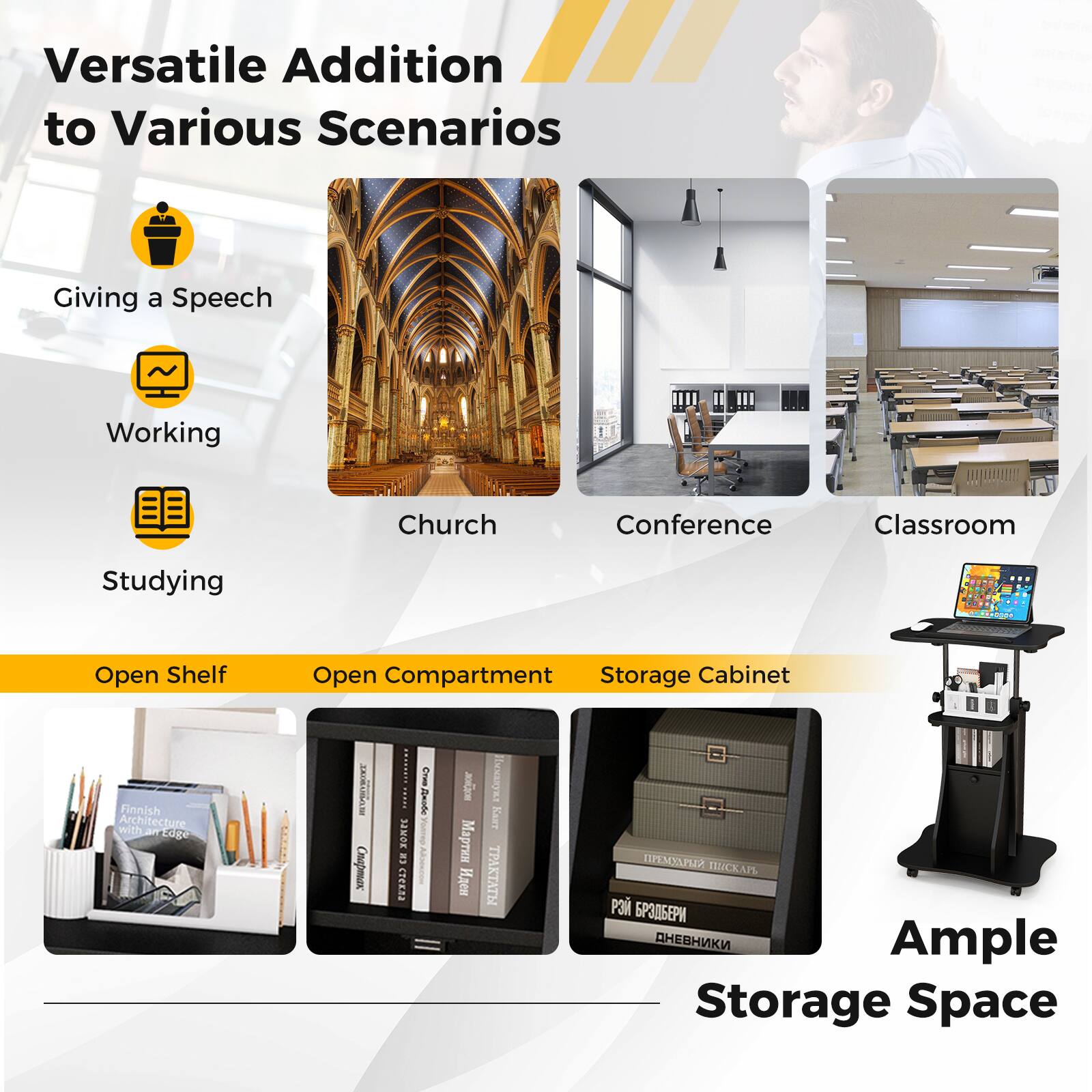 Versatile Addition to Various Scenarios

- Giving a Speech
- Working
- Studying

Church
Conference
Classroom

Open Shelf
Open Compartment
Storage Cabinet

Ample Storage Space