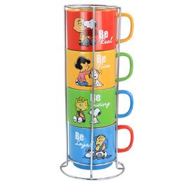 Gibson - Peanuts Classic Gentle Reminders Collection 4 Piece Stoneware Stackable Mug Set with Metal Stand - Assorted