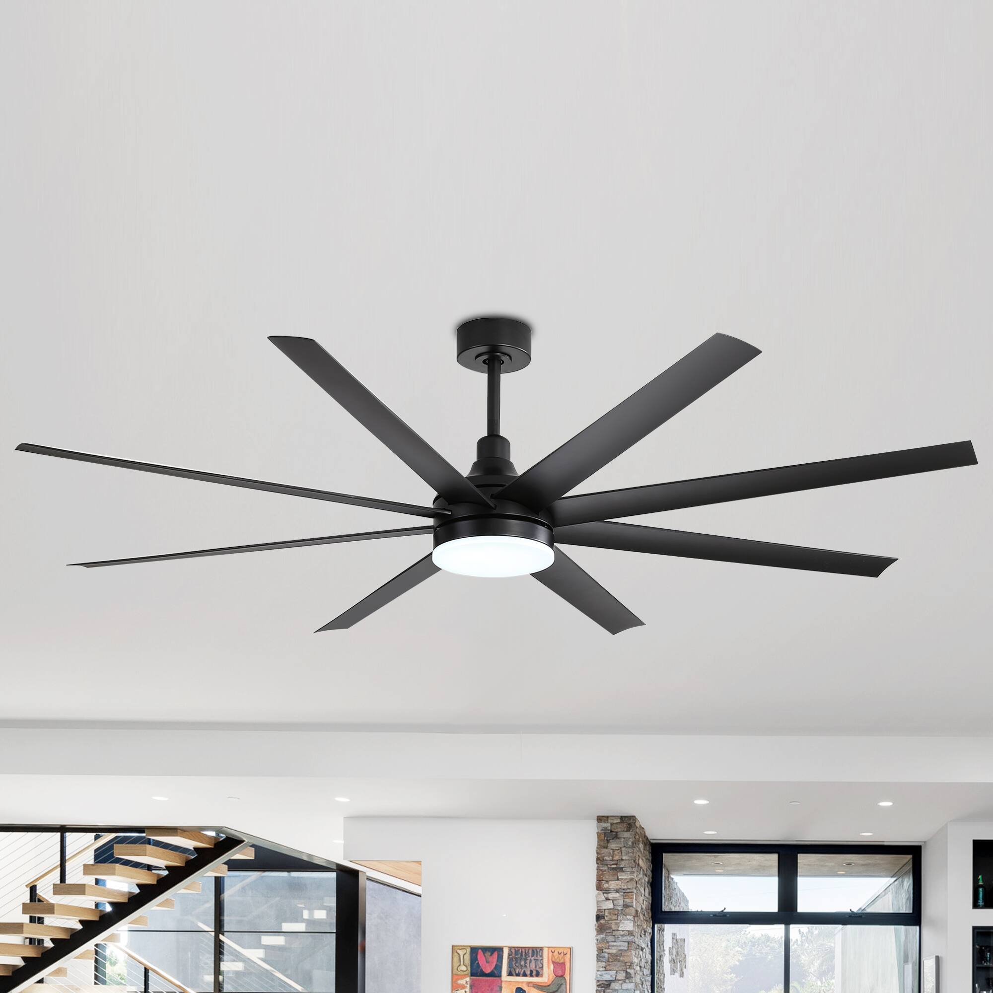 Breezary - 72" Large Indoor Ceiling Fan with Remote, 8 ABS Blades, 6-Speed DC Motor, Timer, 7''/12''Downrods, Light/No Light Option - Black (With Light)