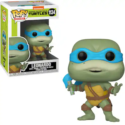 Sure, here is the corrected and grouped text from the image:
---
**Front of the Box:**
- **Top Left Corner:**
- "nickeLODEON"
- "POP! MOVIES"
- **Top Right Corner:**
- "TEENAGE MUTANT NINJA TURTLES"
- "1134"
- **Main Image:**
- "LEONARDO"
- "VINYL FIGURE / FIGURINE EN VINYLE / FIGURA DE VINIL"
- **Bottom Left Corner:**
- "WARNING: CHOKING HAZARD - Small parts. Not for children under 3 years."
- "ATENTION: DANGER - PELIGRO DE ASFIXIA - ADVERTENCIA: PEQUEÑOS OBJETOS QUE PUEDE CAUSAR ASFIXIA."
- **Bottom Right Corner:**
- "© 2018 Warner Bros. Entertainment Inc. All Rights Reserved."
---
**Side of the Box:**
- "LEONARDO"
---
**Back of the Box:**
- (Text is not fully visible, but includes safety warnings and product information.)
---
**Figure:**
- (No visible text on the figure itself.)
---