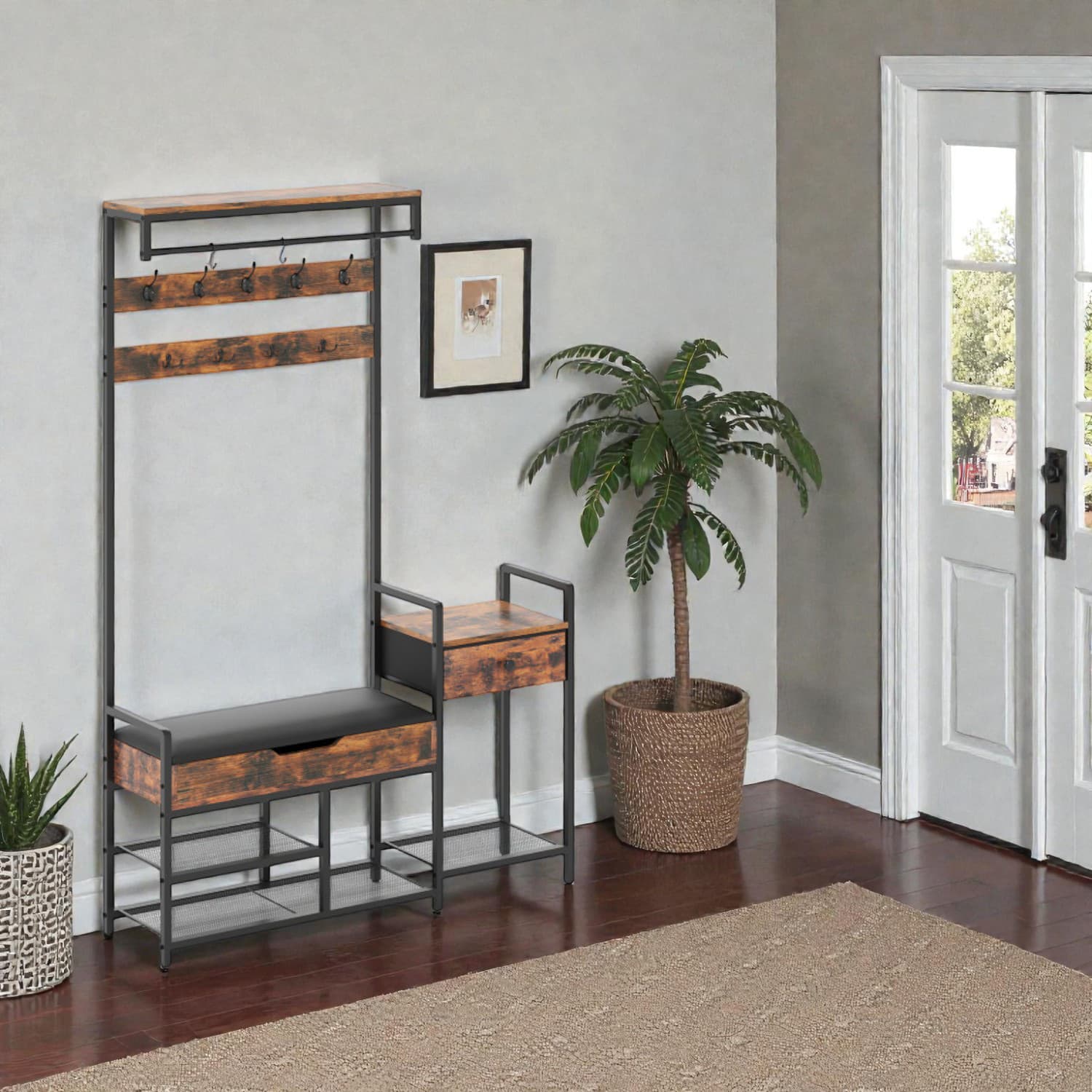 Hivvago - 70" Vertical Hall Tree with Shoe Storage and Hanging Rack for Entryway - Rustic Brown