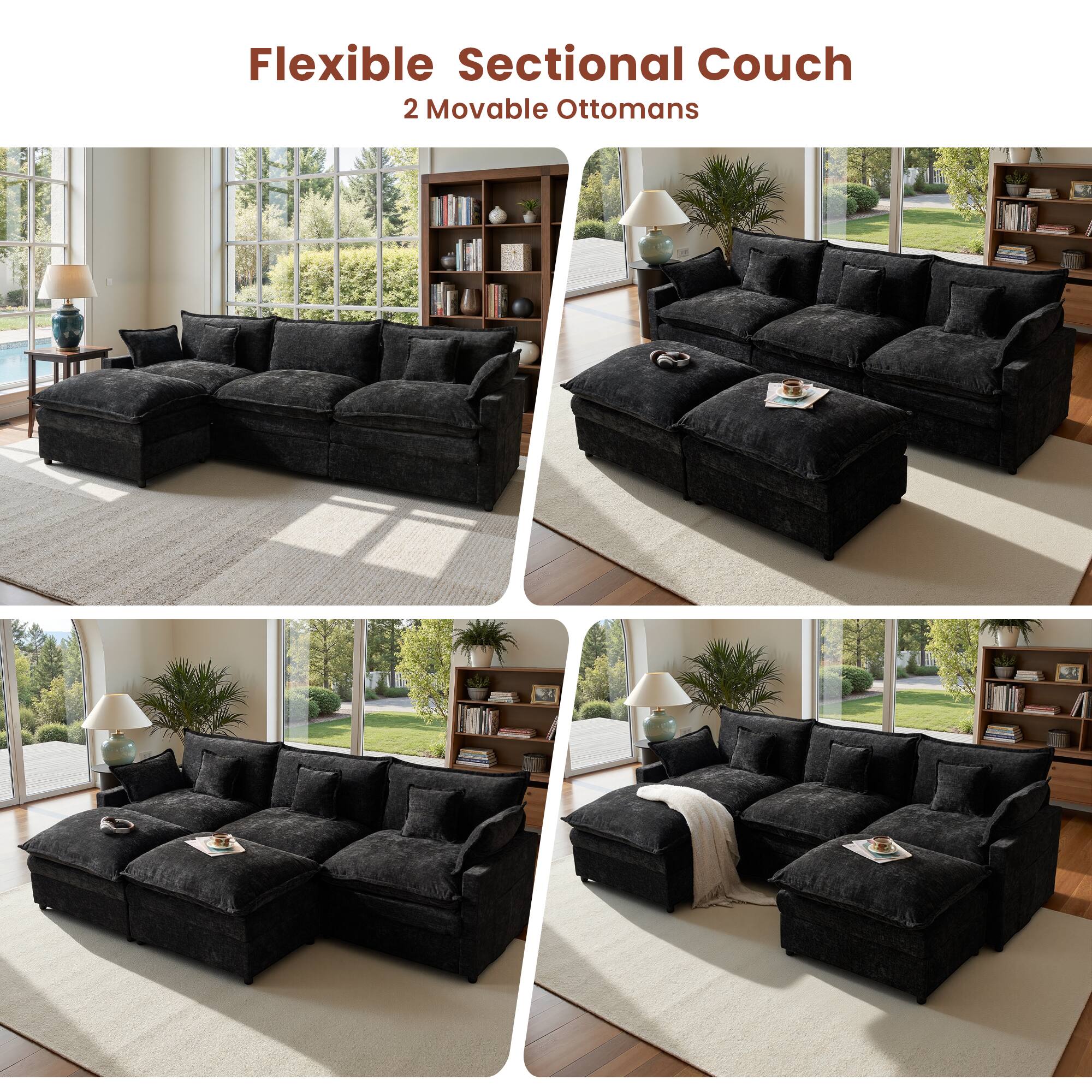 Flexible Sectional Couch  
2 Movable Ottomans