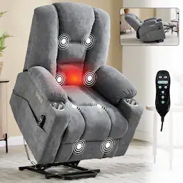 Anysun - Power Lift Recliner w/ Massage & Heat for Elderly, Overstuffed Wide, Heavy Duty, USB/Type-C, 2 Cup Holders - Gray