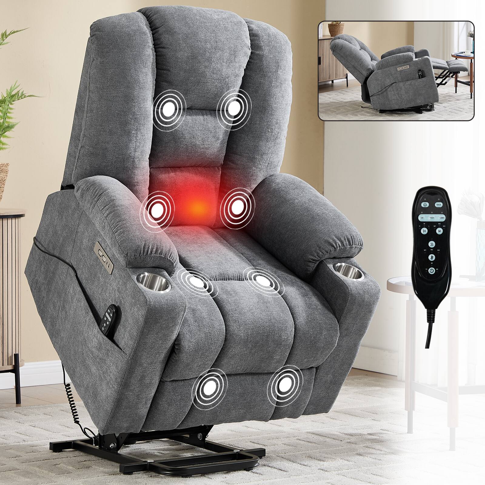 Left. Akoasm - Power Lift Massage Chair with Heat, Overstuffed Wide Recliner Chair, USB and Type C Ports, 2 Cup Holders-Blue Grey - Blue Grey.