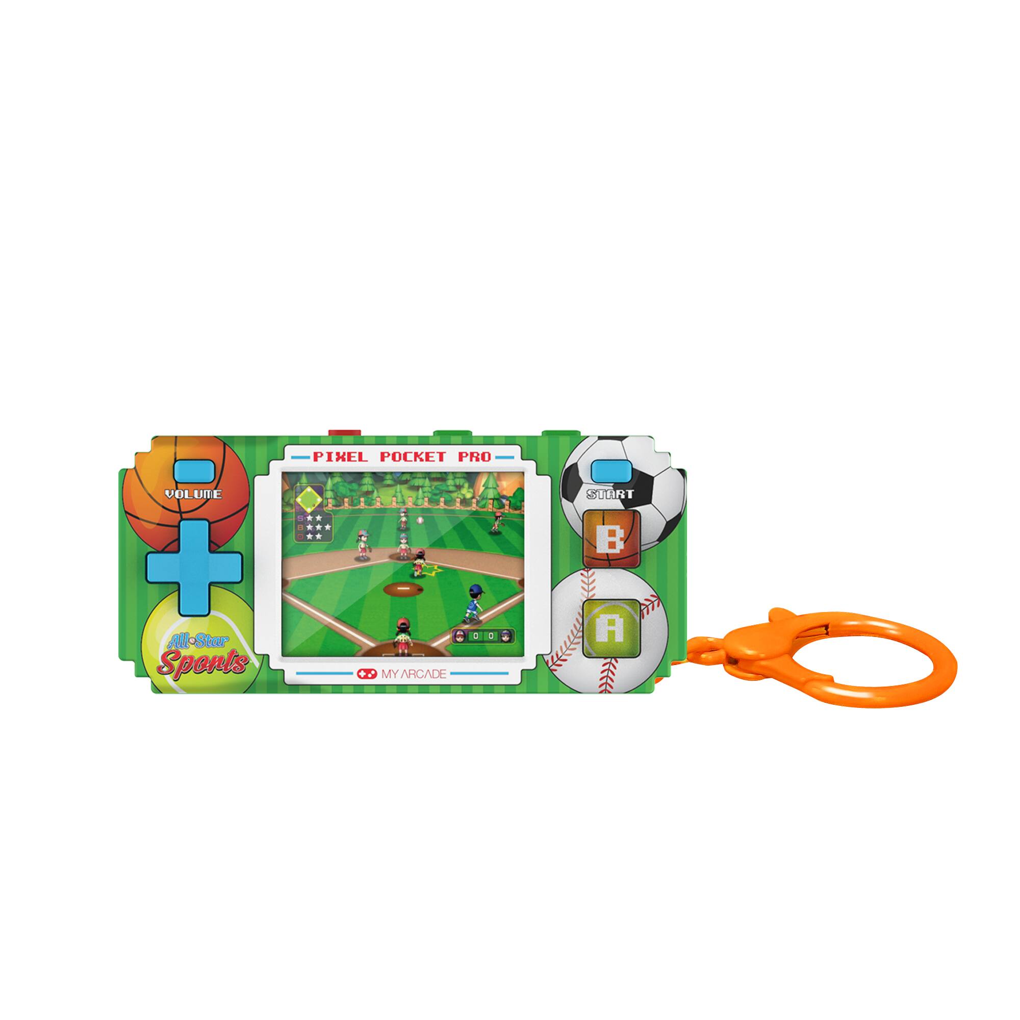 Sure, here is the corrected and grouped text from the image:

- PIXEL POCKET PRO
- All-Star Sports
- MY ARCADE
- VOLUME
- START
- A
- B