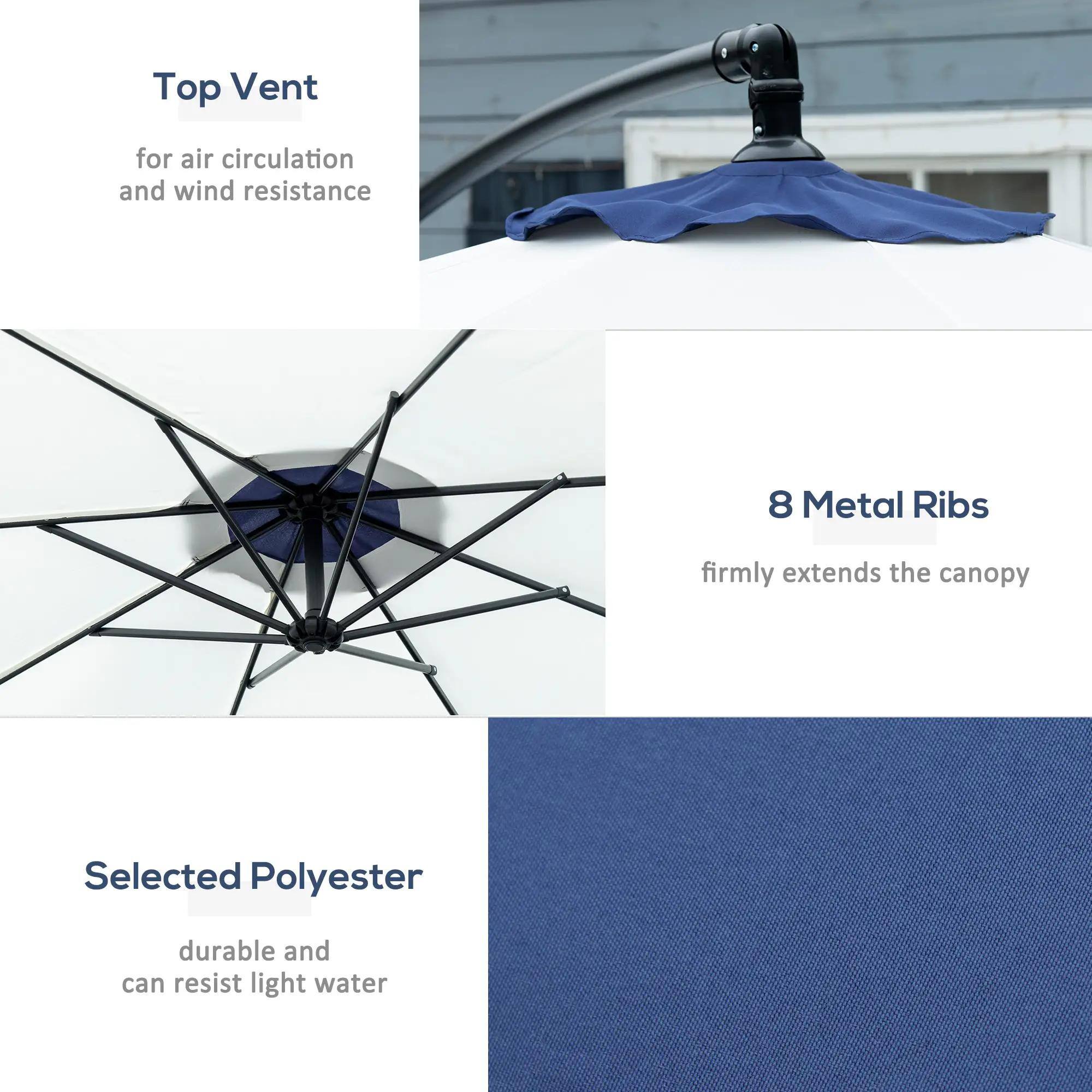 Top Vent  
for air circulation and wind resistance  

8 Metal Ribs  
firmly extends the canopy  

Selected Polyester  
durable and can resist light water